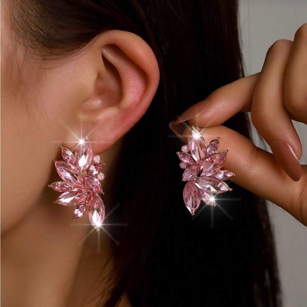 Pink Crystal Cluster Statement Earrings - Women Jewelry